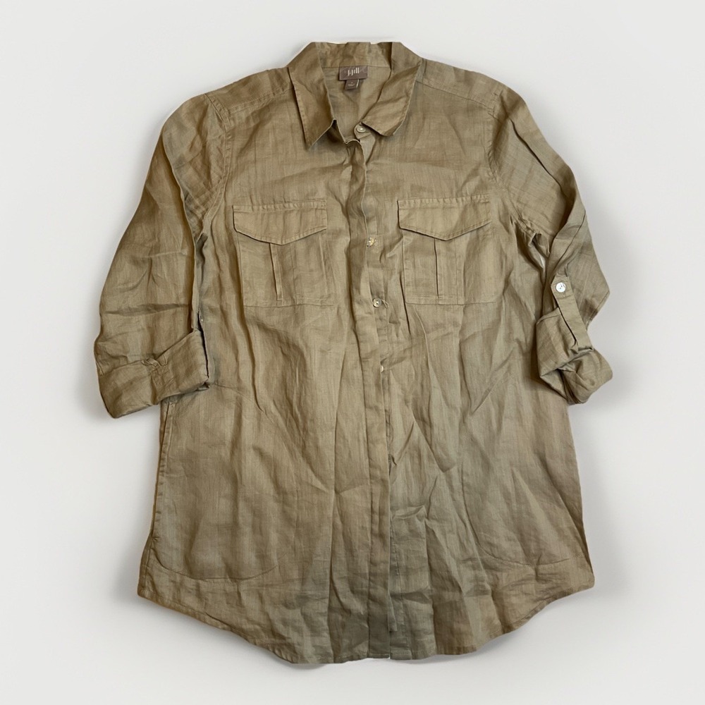 J. Jill Shirt Safari‎ Longline Size Small Khaki Beige Pockets Normcore Ramie
